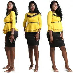 Африканский Женская плюс размеры костюмы желтый Раффлед Подол комплект талии топ черная юбка элегантные женские комплект