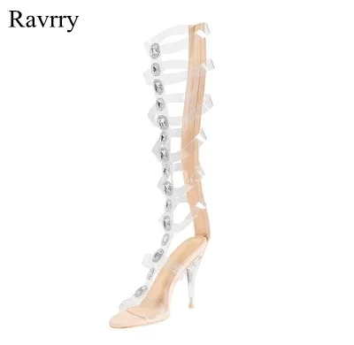 

Ravryy 2018 European Style PVC Diamond Pumps Peep Toe See Through Sitletto Heels Summer Beautiful Lace-Up Zipper Sandal