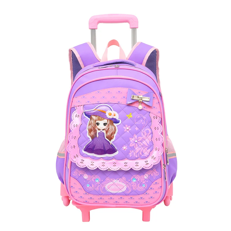 

School Backpack For Girls Lovely Style Kids Trolley School Bag Waterproof Nylon Children Backpack With 3 Wheels Large Capacity