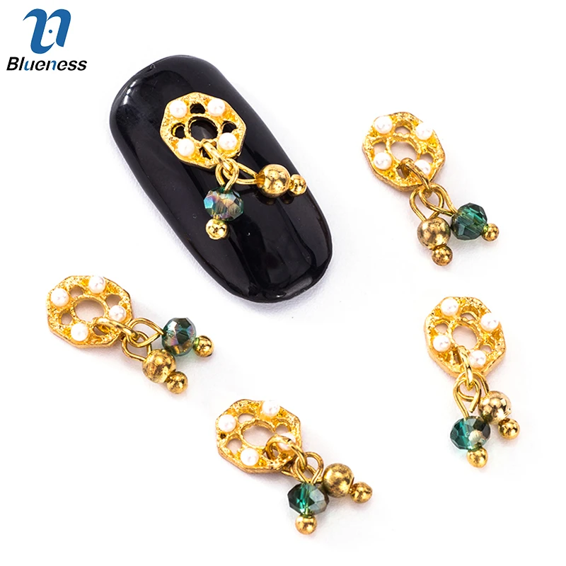 

10Pcs/lot Nail Art Gold Round Alloy Stud Green White Plastic Beads Jewelry 3D Nail Decorations Nail Art Accessories TN2034