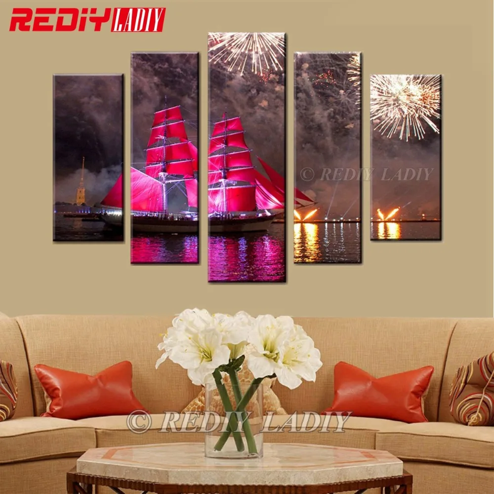 

REDIY LADIY 5D Diamond Embroidery Triptych Full Square Diamond Painting Cross Stitch Red Sailboat Crystal Mosaic Modular Picture