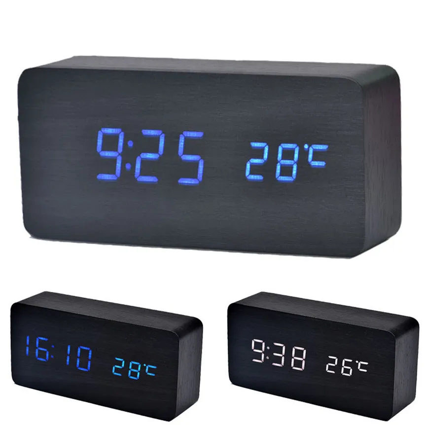 2018 Wooden LED Alarm Clock with Temperature Sounds Control Calendar LED Display Electronic Desktop Digital Table Clocks New