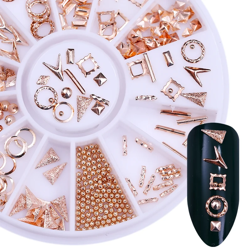 

Nail Rivet Studs Rose Gold Mixed-size Circle Round Square Irregular Beads DIY Tool for UV Gel 3D Nail Art Decorations in Wheel