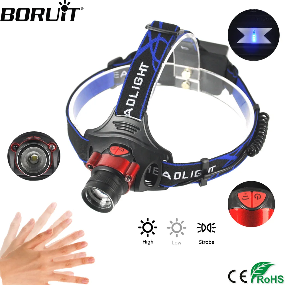 

BORUiT 1000LM XML-T6 LED Headlamp Body Motion Sensor Flashlight Zoom 3-Mode Headlight Camping Hunting Head Torch 18650 Battery