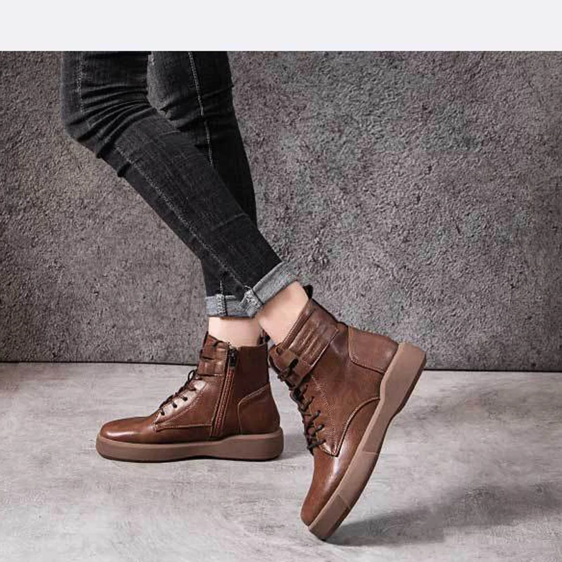 up Cuir Mère Bottes Black brown Boucle Rond Dames Pour En Femme Dentelle Bout Chaussures Chaud Femmes 2019 Véritable Brun Martin D'hiver Cheville xPAqxgX