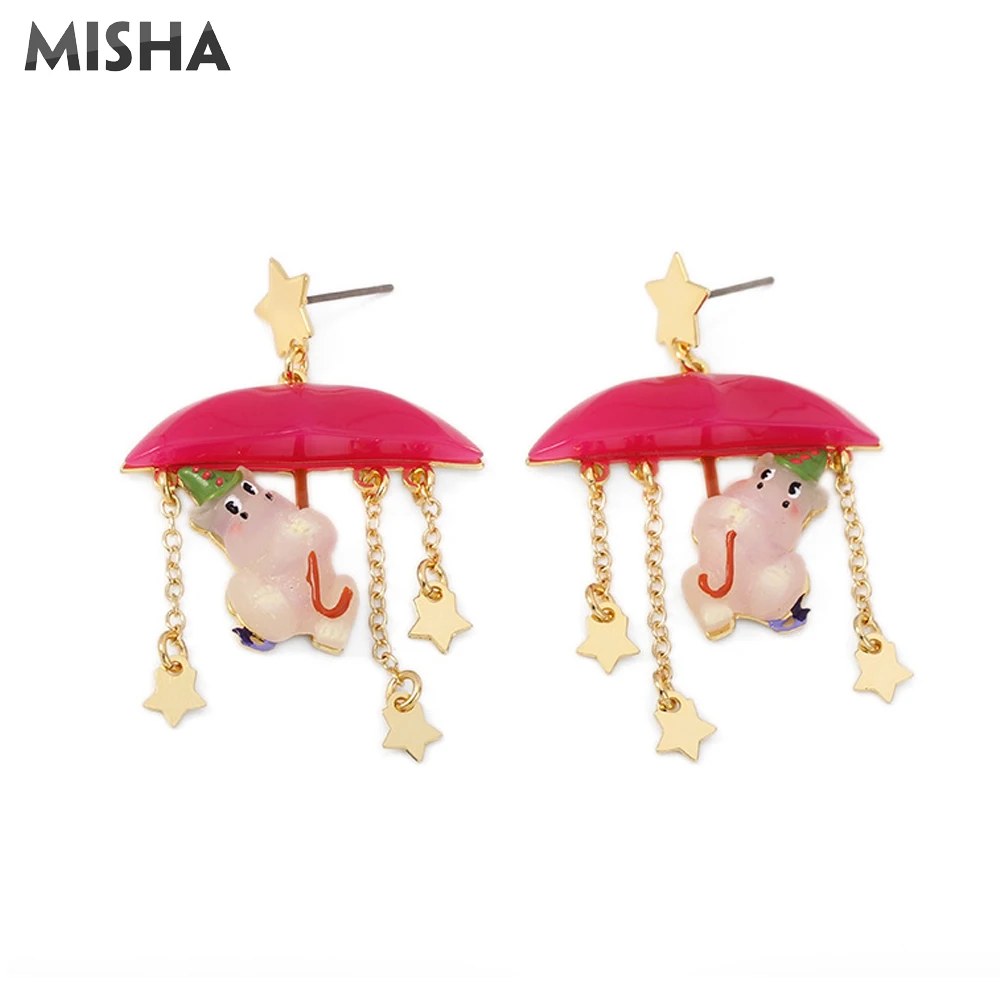 MISHA, трендовые серьги-гвоздики для женщин, милый цирк, бегемот, красный зонтик, дизайн ручной работы, эмалированные глазурованные серьги, ювелирные изделия для девушек