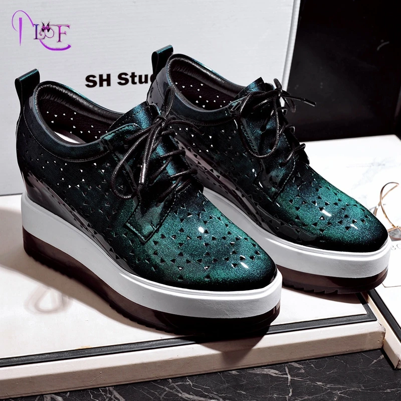 Hidden Heel Platform Shoes Women Square Toe Lace-Up Green Black Patent Leather Thick Soled Woman 2017 Spring New All Match | Обувь