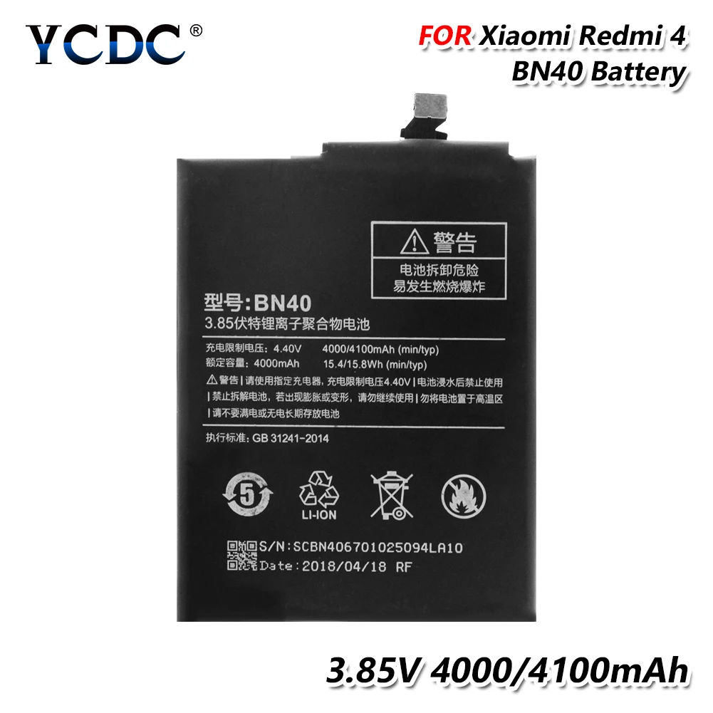 

YCDC 3.85V bn40 STANDARD ORIGINAL BN40 BATTERY FOR XIAOMI REDMI 4 PRO 4100MAH LARGE CAPACITY BN-40 Lithium battery Rechargeable