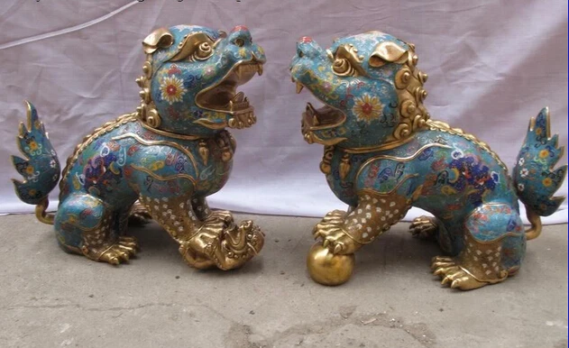 

shitou 002692 Chinese Royal 100% Bronze Gild cloisonne talisman Foo Dogs Door Lion Animal Pair