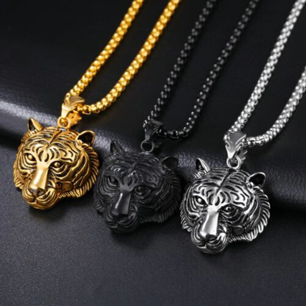 

2019 New Men's Punk Stainless Steel Animal Tiger Head Shape Pendant Chain Necklace 24"
