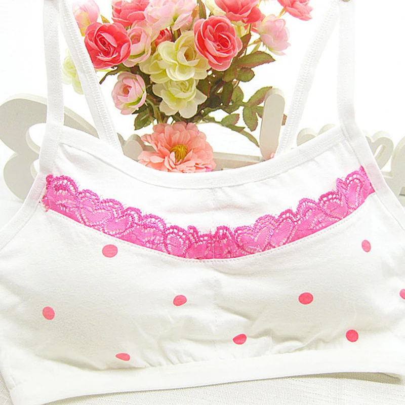 High Quality Girls Training Bras Cotton Comfortable Underclothes Dots Printing Decorative Lace Vest No Rims Bras Girls Underwear