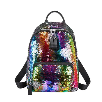 

New sequins shoulder backpack girls street shopping rucksack large capacity travel bag leather Shining school bag zipper M550