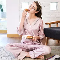 Из двух предметов Домашняя одежда Пижама из искусственного шелка с v-образным вырезом Длинные рукава полной длины тонкие женские пижамы