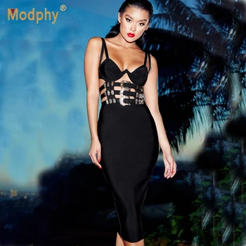 

Black Rayon Bandage Dress Sexy Belt Hollow Midi Bodycon Vestidos Club Celebrity Evening Party Fashion Dress 2020 Summer New