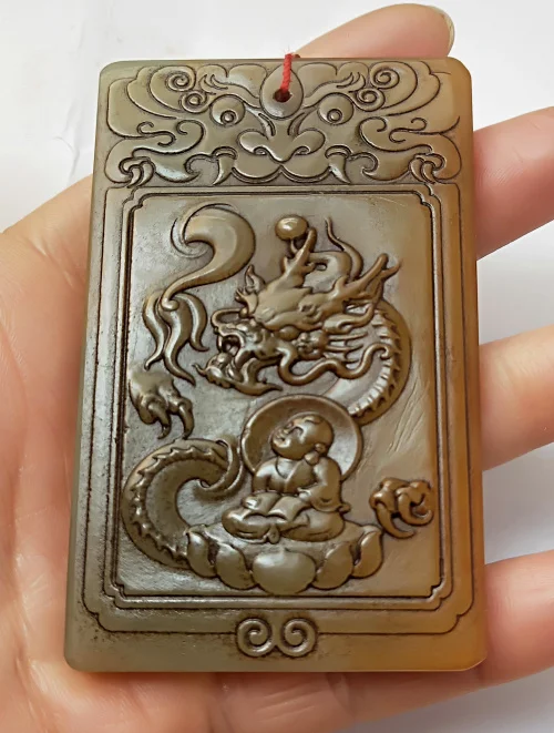 В династии Цин Hetian jade старые части благоприятный Ruyi Longsheng Guizi Zigang бренд античный