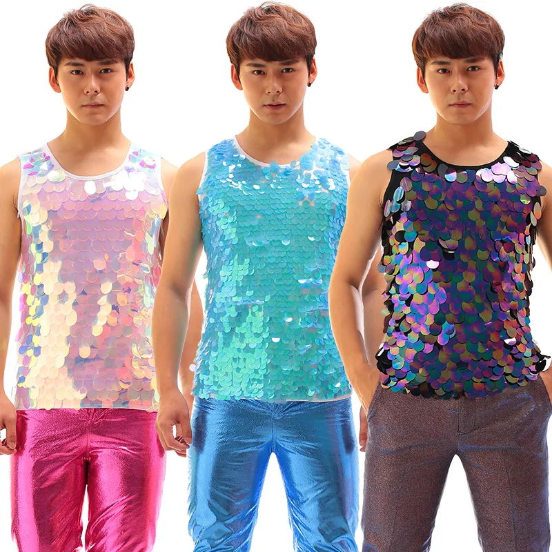 Summer Men'S Rock Jazz Dance Clothing Sequins Vest DJ Male