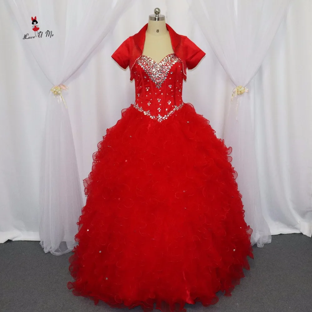 Vestidos De Quinceaneras дешевые бирюзовый Красный Бальные платья с кристаллами куртка оборками платье для 15 лет