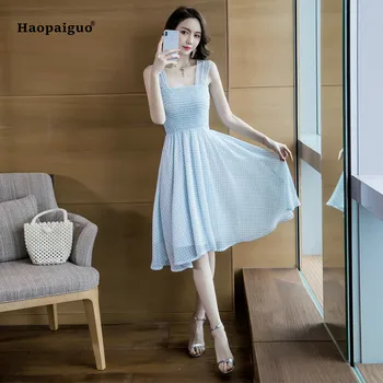 

Women Summer A-line Dress 2019 Plus Size Blue Sleeveless Tank Square Collar Casual Plaid Dress Beach Chiffon Midi Dresses Ladies
