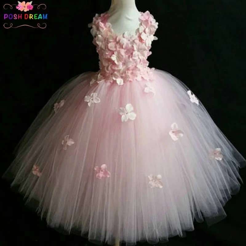 POSH DREAM Light Pink Flower Tutu Dress for Wedding Party Yellow and Aqua Blue Flower Children Kids Party Dress Kids Clothes