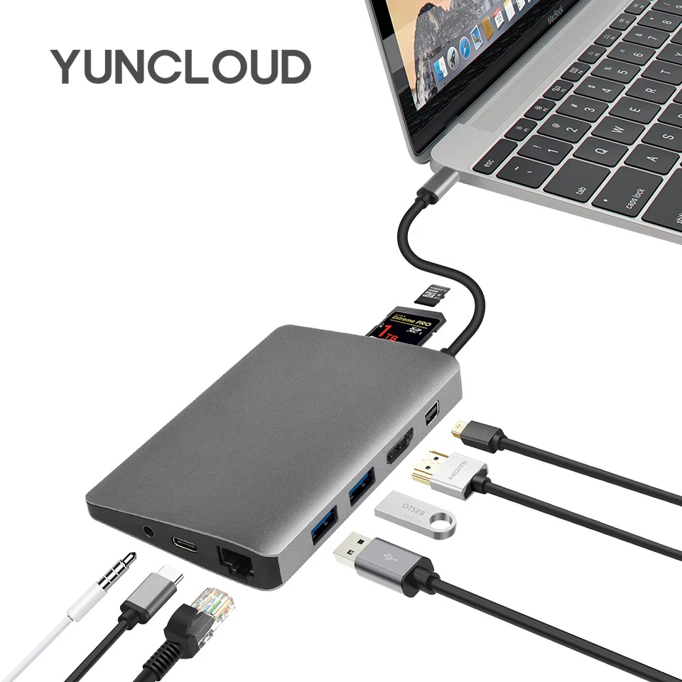 YUNCLOUD USB C Type C 3.1 Hub to HDMI Mini DP 3.5mm Audio Ethernet Adapter For Huawei P20 Samsung Galaxy S9 Pro Type-C USB 3.0