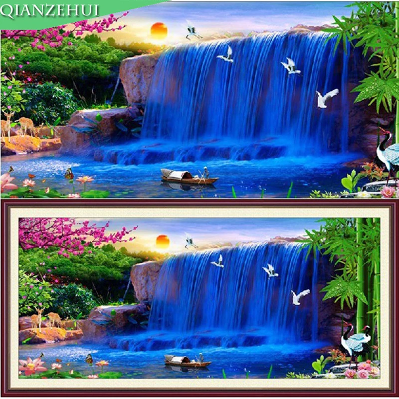 

QIANZEHUI,Needlework DIY printing Blue waterfall Cross stitch,Running water Silk and cotton thread stitch For Embroidery kit