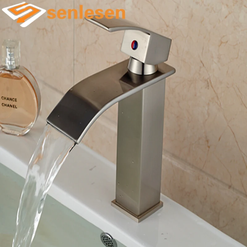 

Free Shipping Waterfall Spout Brushed Nickel Bathroom Basin Faucet Vanity Sink Mixer Tap Single Handle