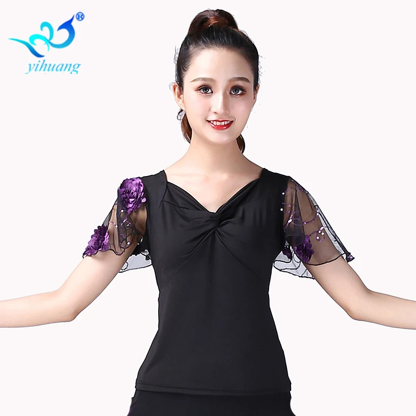 Ballroom Dance Top Flamenco Blouse Standard Modern Dancer Costume Performance Outfits Waltz Dancewear Short Sleeves 7 Colors