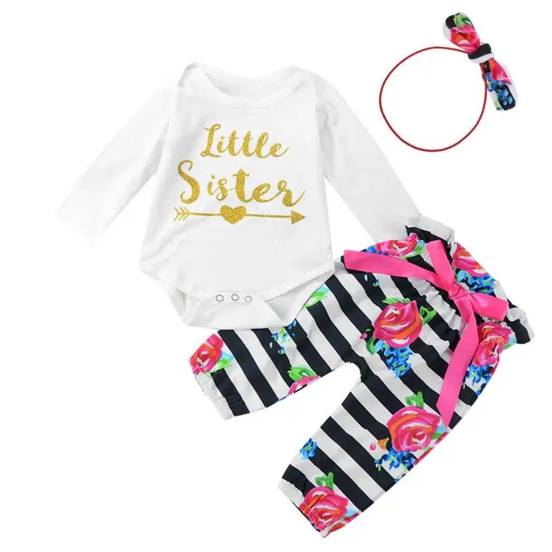 

3pcs/Set Girls Baby Letter Print Romper+Flower Stripes Print Pants+Headband