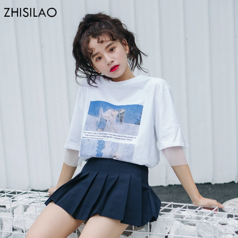 

ZHISILAO 2018 Summer Woman T-shirt Woman Tee Chic Harajuku Tee White tshirt Fashion Tee Shirt Femme Ulzzang Cotton Tee Lace Tops