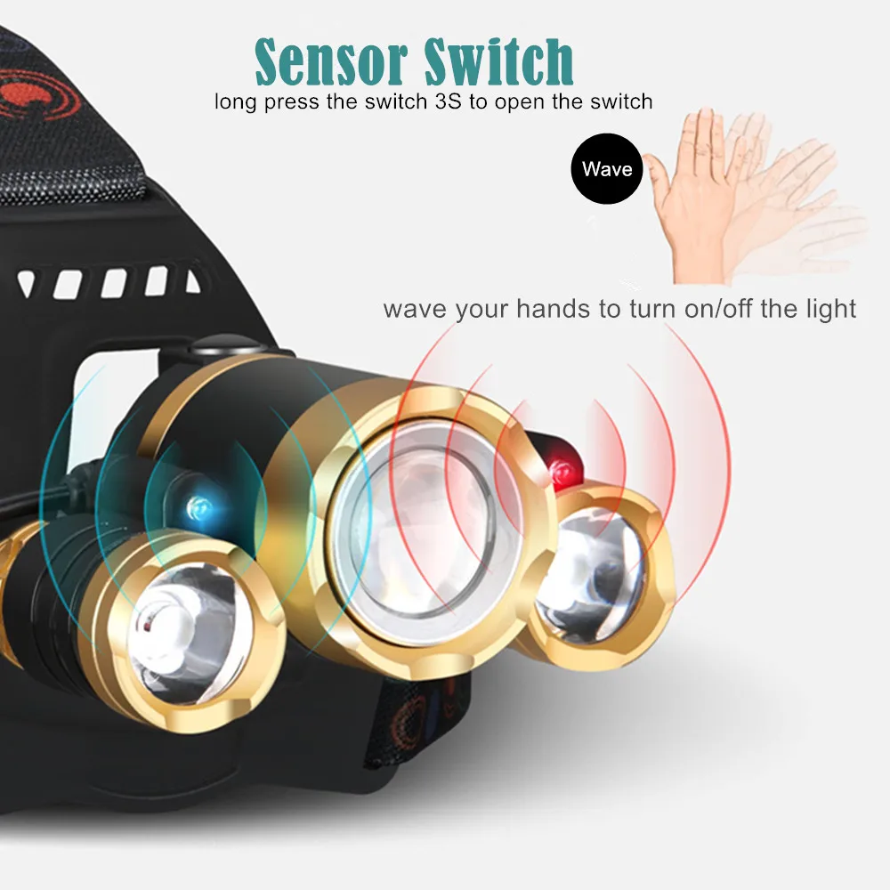 Светодиодный налобный фонарь с зумом, рыболовная Фара 3* XML T6, USB перезаряжаемая Сенсорная лампа, водонепроницаемый налобный фонарь, фонарик, налобный фонарь 18650