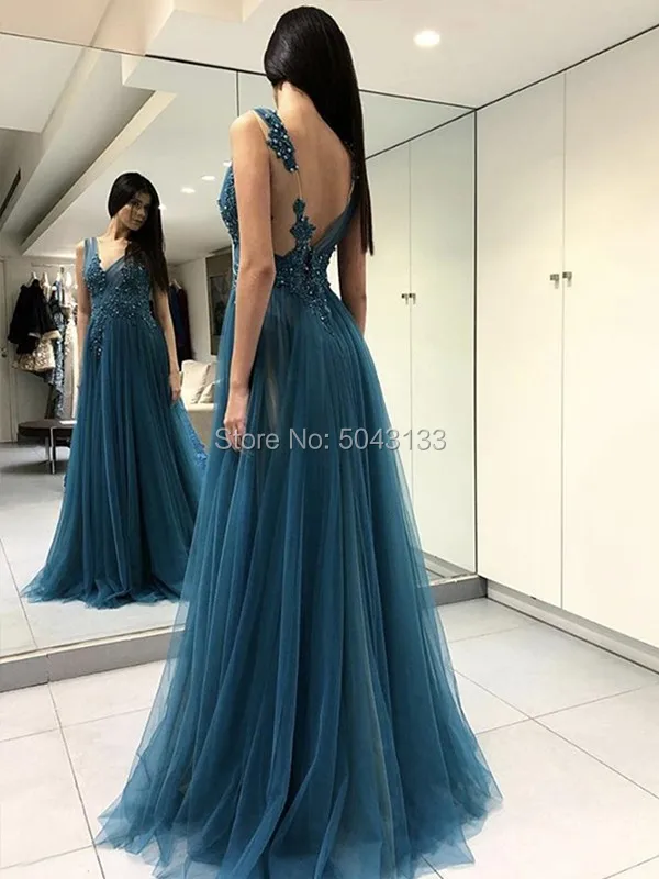 V Neck Floor Length Tulle Prom Dresses Sexy Off The Shoulder High Slit Formal Prom Evening gowns with Lace Appliques