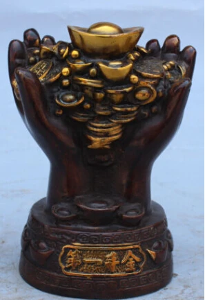 

JP S0060 15CM Marked Chinese Bronze Gilt Wealth Copper Money Yuanbao Double Hand Statue Discount 35%