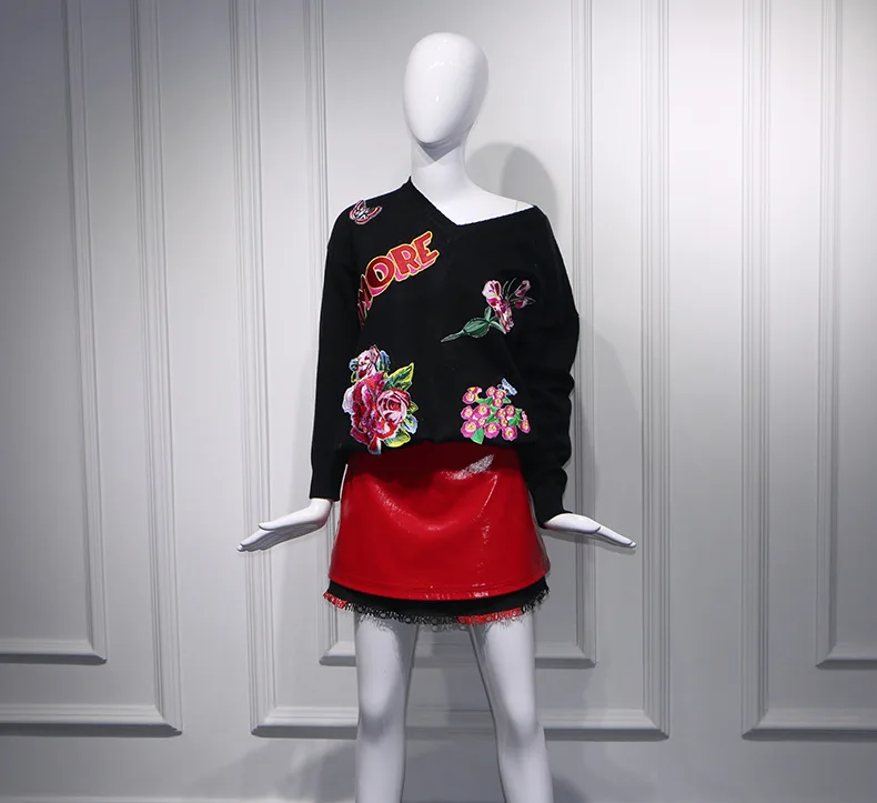 Mingxingsunyi's Same Black Embroidery Flower V Shoulder Sweater Lazy Tie 2019 Pullovers V-Neck Cashmere Black Sweater Women Mingxingsunyi's Same Black Embroidery Flower V Shoulder Sweater Lazy Tie 2019 Pullovers V-Neck Cashmere Black Sweater Women