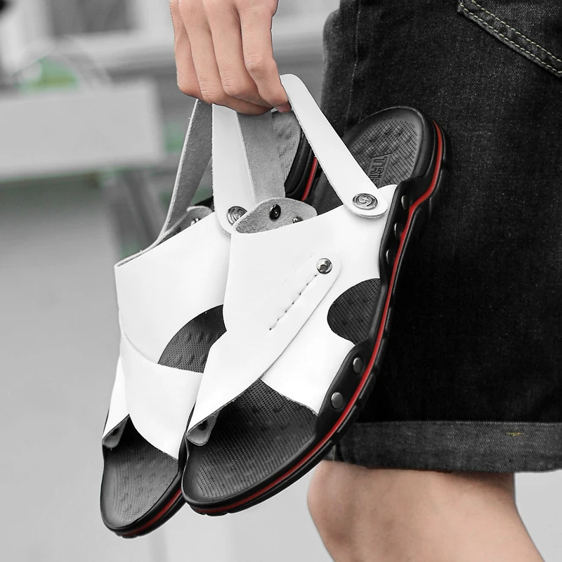 

Summer Leather Slippers Men 2019 New Split Leather Beach Sandals Shoes Hombre Sandalias Outdoor Male Slippers Plus Size 38-48