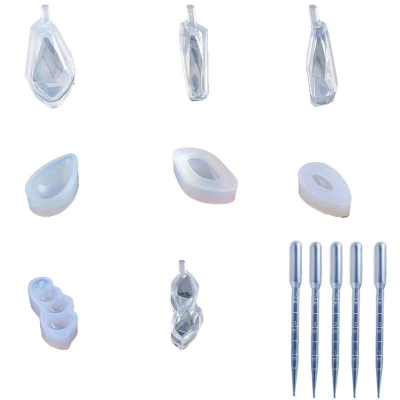 8 шт. прозрачные ювелирные изделия силиконовые формы и 5 шт. пластиковые капельницы, ювелирный полимерный литой формы для ожерелья подвеска