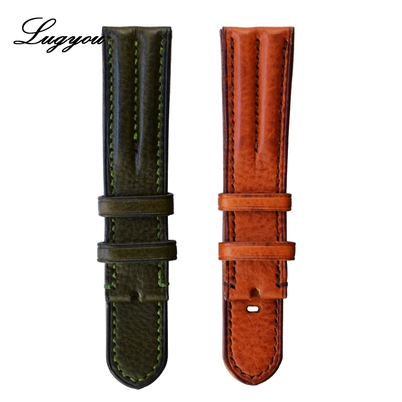 

LUGYOU Watch Parts Genuine Leather Strap For Wristwatch Bi-modal Stainless Steel Buckle Spring Bars Kit Flat Ends 22mm Brown