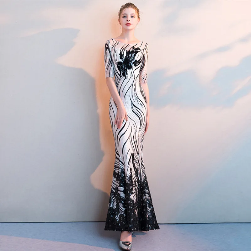 

Beauty Emily Evening Dress 2019 Mermaid Black White Bling Sequins O-neck Skinny Evening Gowns for Women robe de soiree