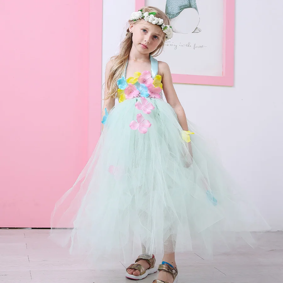 Handmade Flower Fairy Girls Tutu Dress Mint Green Princess Kids Flower Dresses Children Wedding Prom Party Photo Clothing (3)