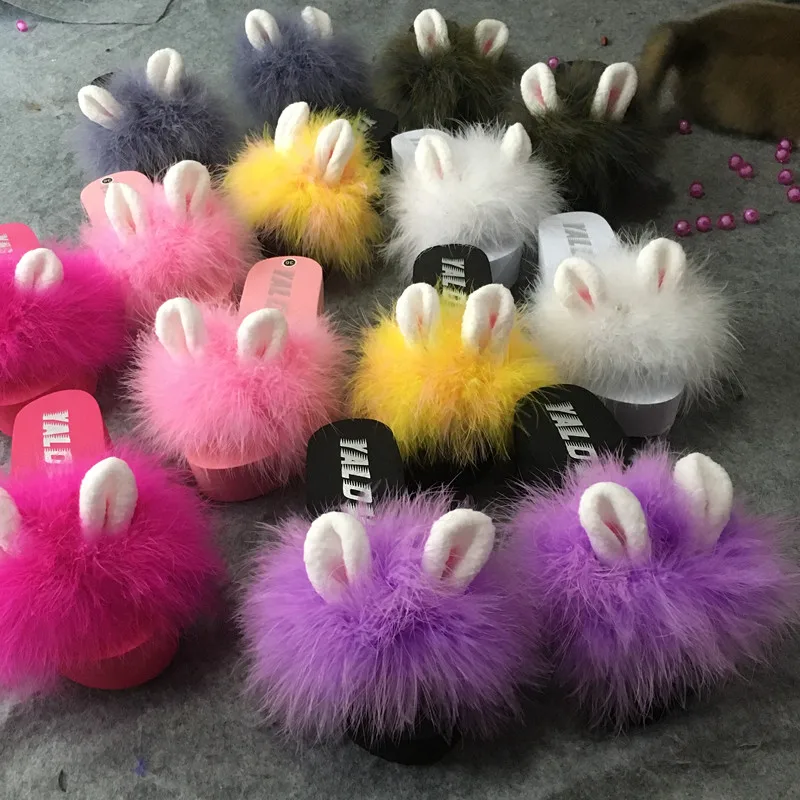 

2018 Summer women slippers real feather turkey fur platform wedge heel thick bottom rabbit ear sandals slides mules