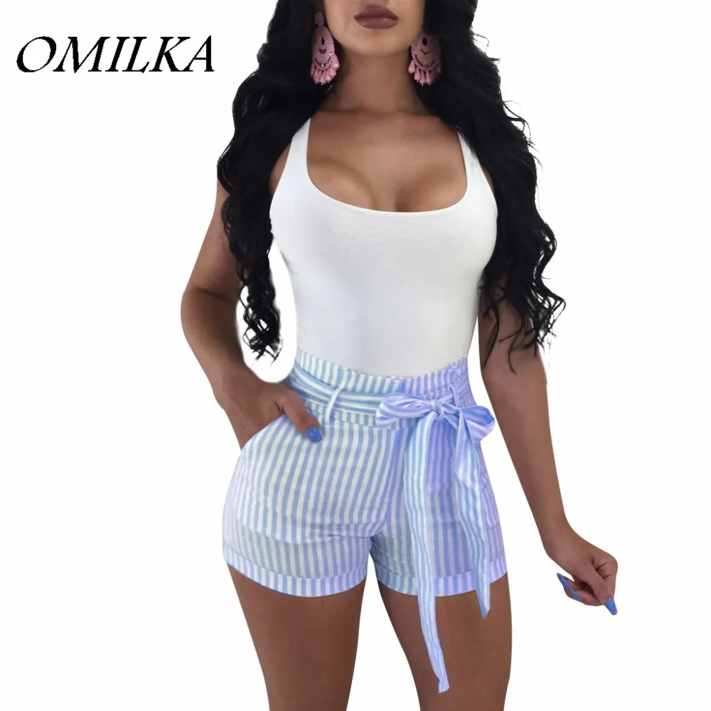 

OMILKA 2018 Summer Women Striped Printed Bandage Shorts Casual Blue Pink Mid Waist Slashes Beach Club Shorts Trousers