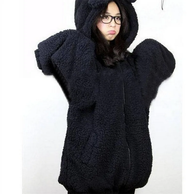  Autumn Winter Long-Sleeved Zip-up Rabbit Ears Hoodies Women Kawaii Solid Sweatshirt Ladies Thick Co