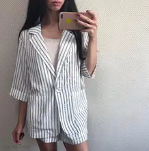 Summer Cotton Linen Tracksuit for Women One Button Blazer & High Waisted Short Striped Pant Suits 2 Pieces Set 2018 Feminino