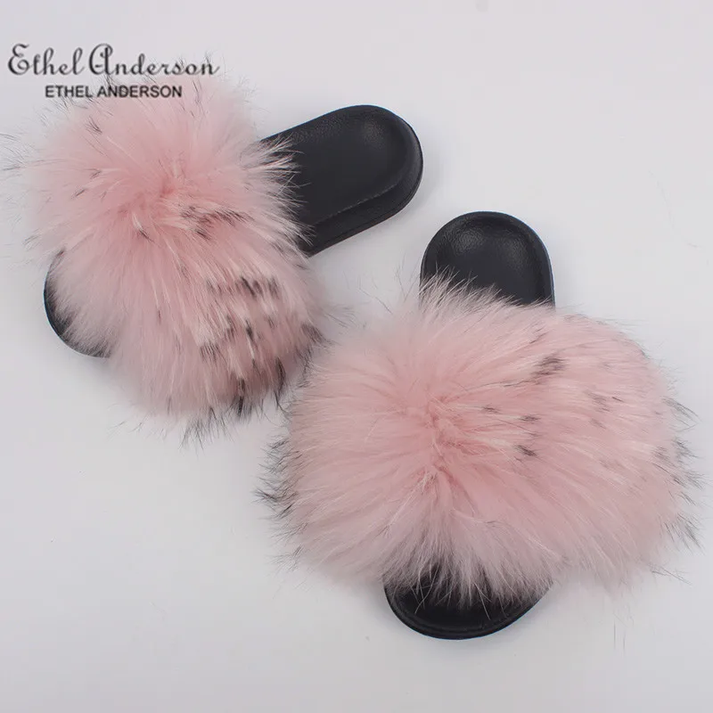 Pink Raccoon Fur ETHEL ANDERSON/шлепанцы с натуральным лисьим мехом енота; шлепанцы без задника; женские Летние вьетнамки в стиле ретро; повседневные сандалии с пушистым мехом; обувь из плюша - Цвет: Pink Raccoon Fur