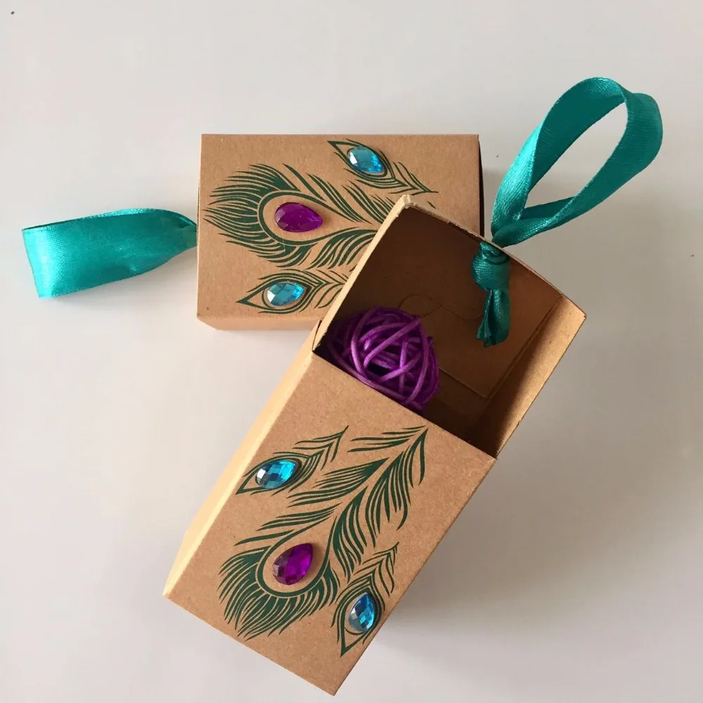 25pcs/pack DIY Peacock Feather Candy Boxes Drawer Design Wedding Kids