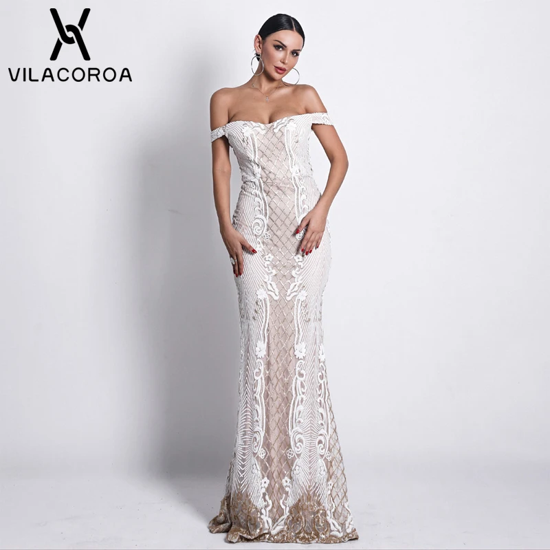 Модное винтажное белое вечернее платье с блестками для женщин Vestidos сексуальное платье без бретелек с вырезом лодочкой и высокой талией рыбий хвост длинное женское платье