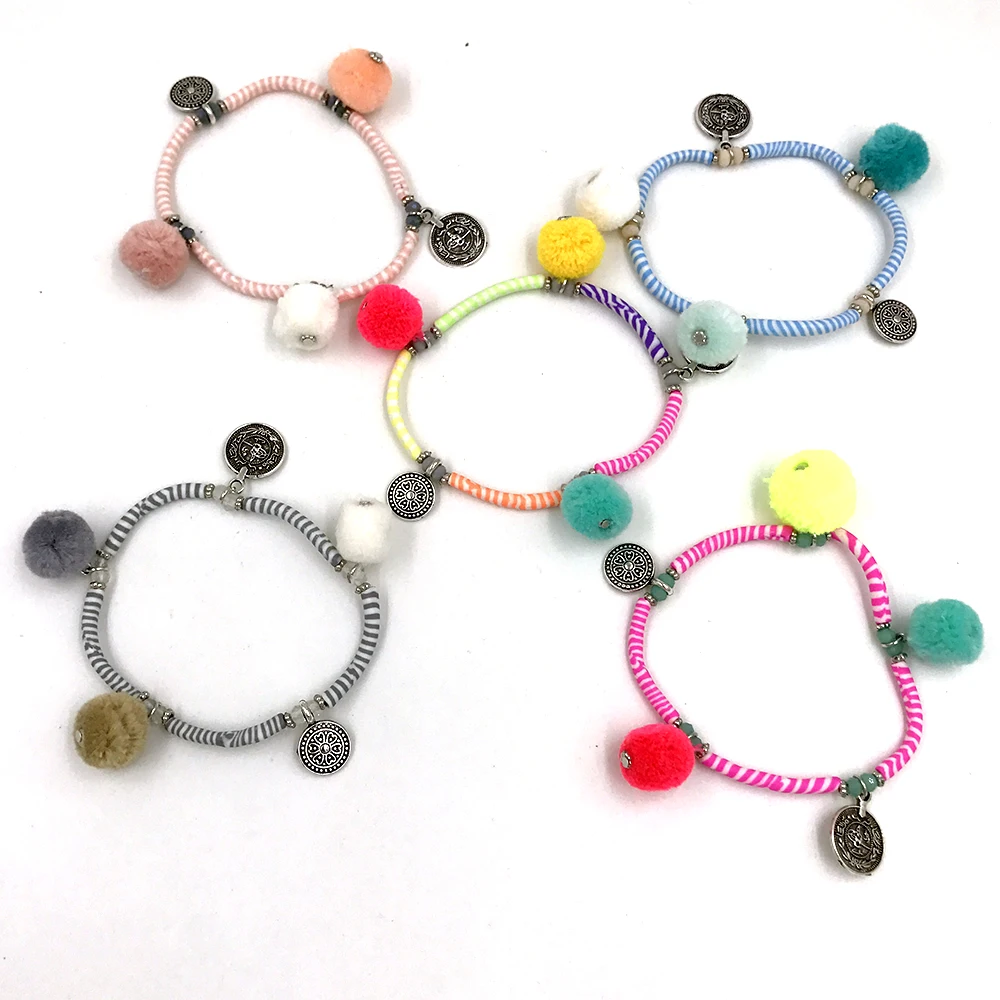 2017 New Arrival Rolo Chain Face Lace-up New Bohemia Boho Summer Sea Beach Pompoms Colorful Polymer Beaded Bangle For Women