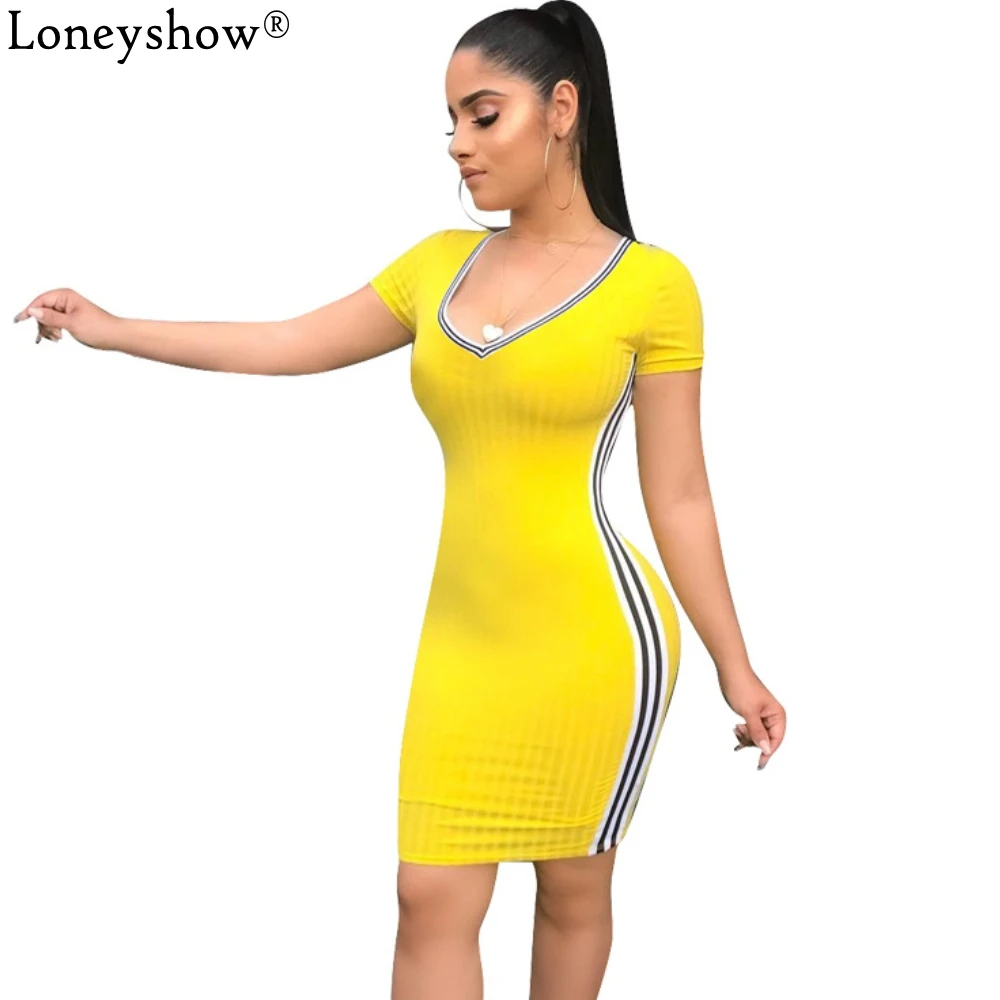 Loneyshow в полоску технике пэчворк Bodycon летнее вязаное платье v образным вырезом