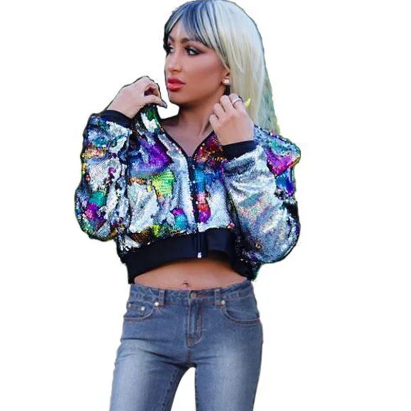 Женская куртка-бомбер с длинным рукавом и блестками, приталенная Базовая куртка на молнии спереди, уличная одежда для девушек, пальто, Jaqueta Feminina Harajuku
