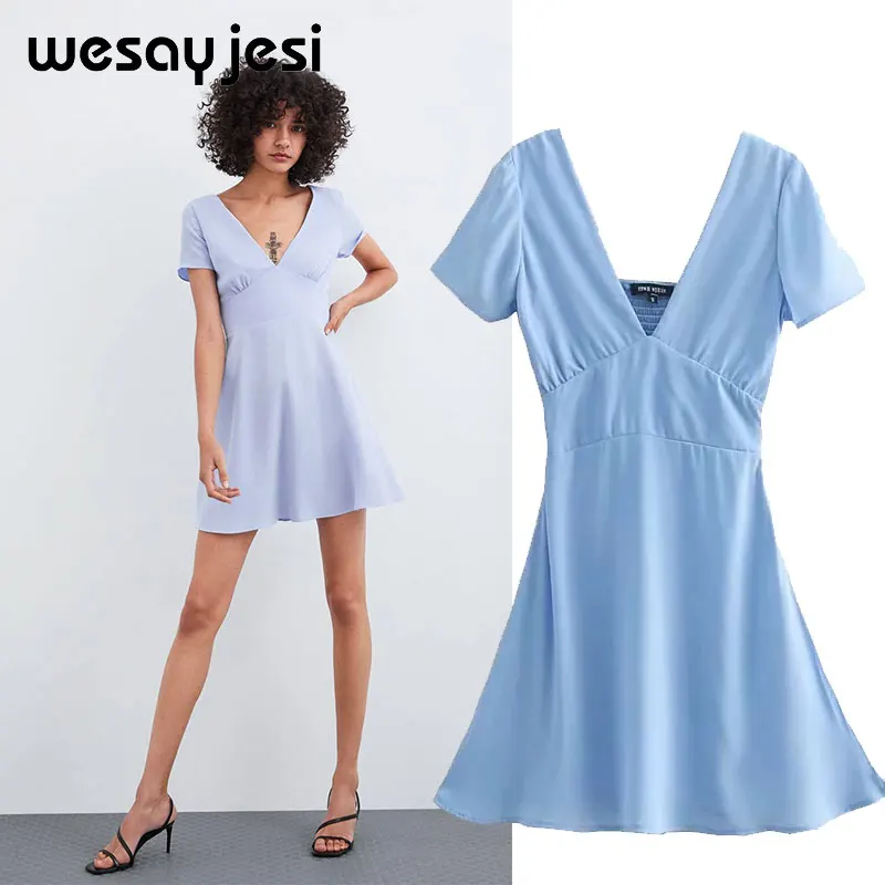 

2019 summer dress women vestidos England style a-line short sleeve draped v neck above knee de fiesta party dress