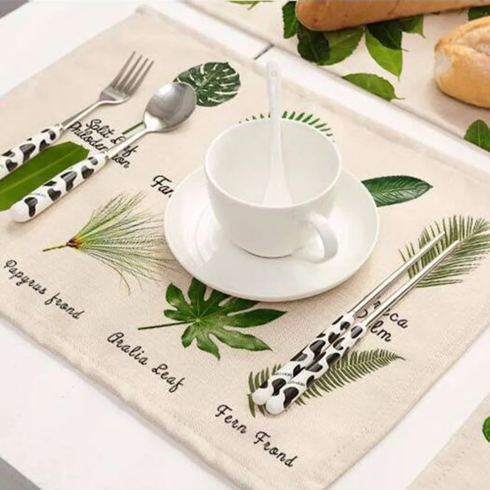 

42x32cm Green Leaves Table Mat Pattern Cotton Linen Western Pad Placemat Insulation Dining Mat Bowls Coasters Kitchen Accessorie